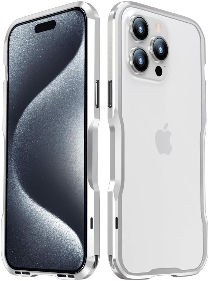 HENGHUI Aluminum Bumpers for iPhone 15 Pro Max Bumper Case with Strap Hole Metal Frame Bumper Cover Shock Absorbent Slim Cool Design (Silver) - Image 1